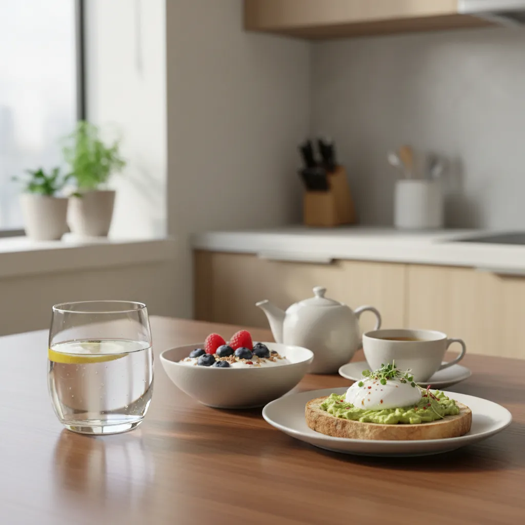 Frukostbord med vatten och kosttillskott